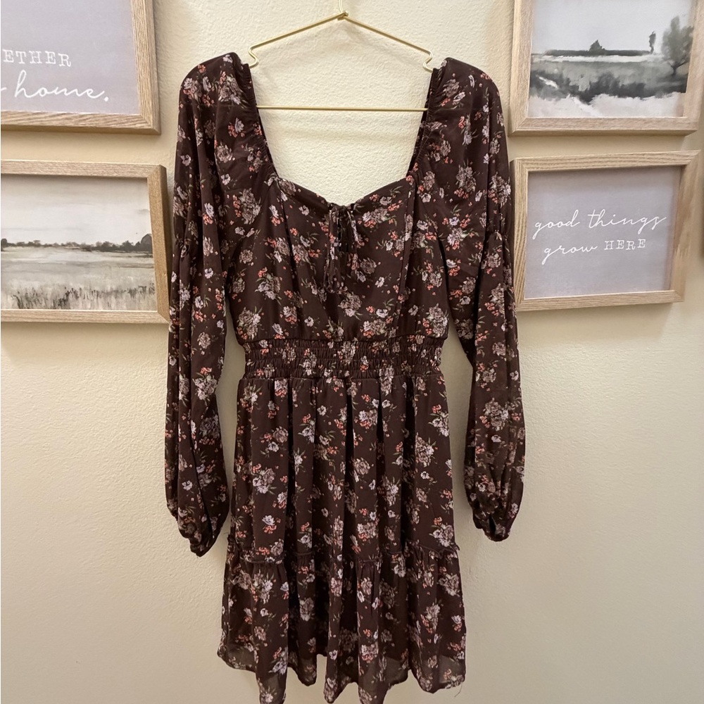 Spoiled Brown Floral Long Sleeve Tiered Mini Dress